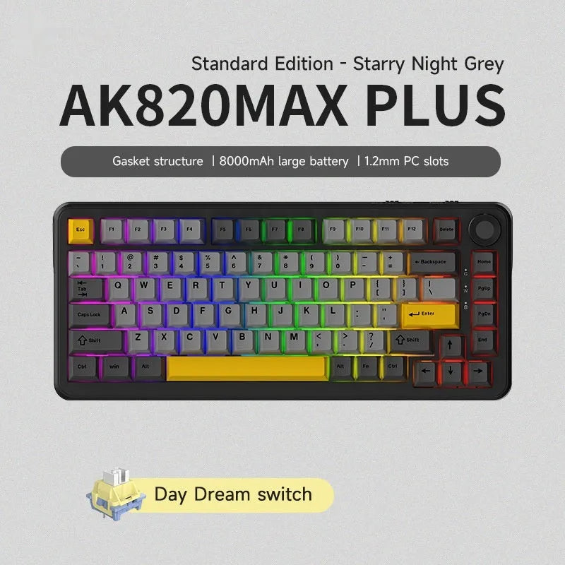 Black, grey and yellow wireless mechanical keyboard with hot-swappable switches on a desk.