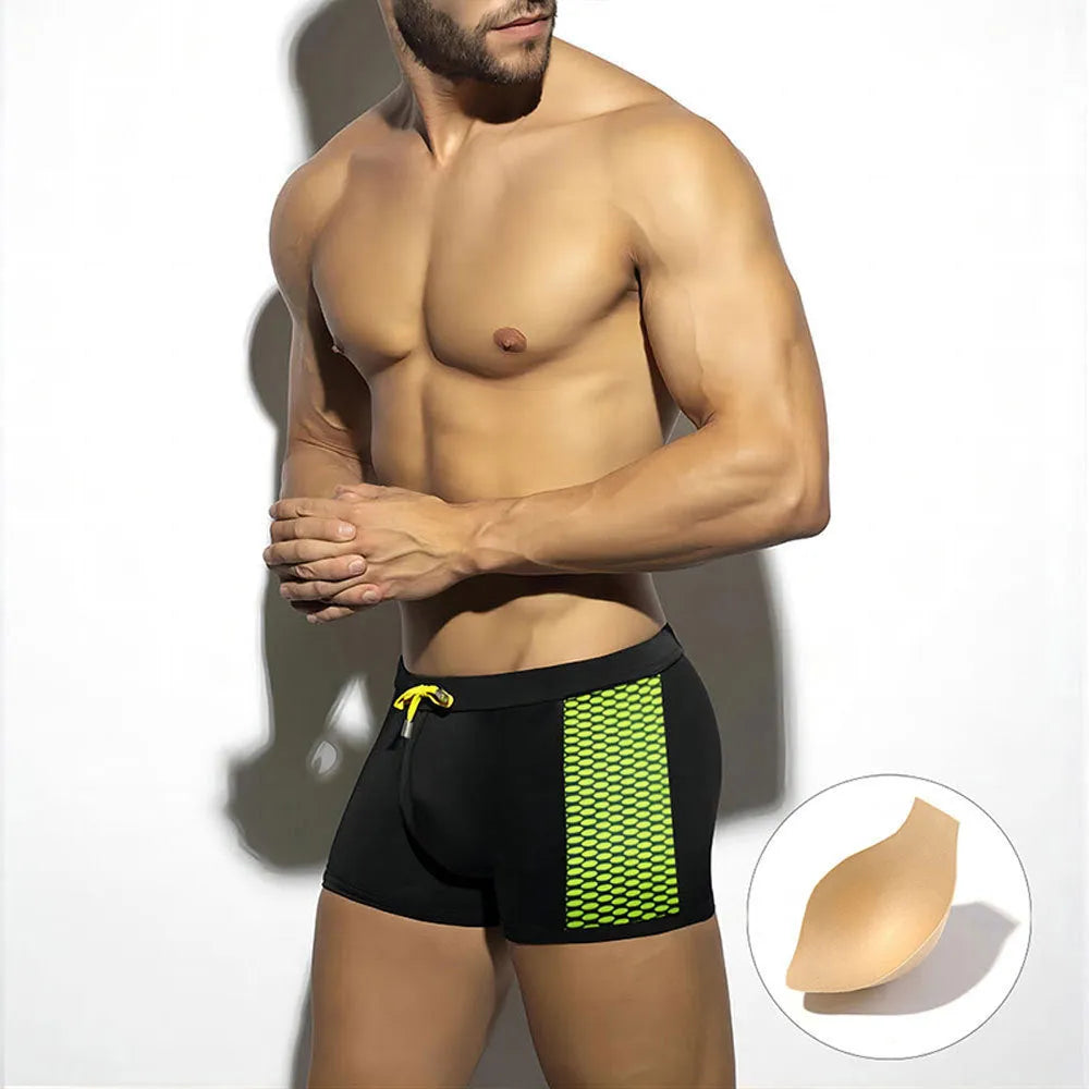 Men's polka dot print swimming boxers in quick-dry nylon fabric shown in available colours
