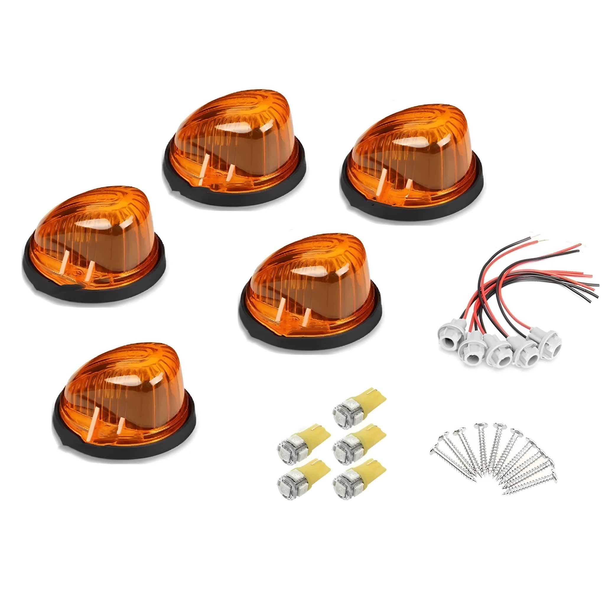 GR-series LED roof cab marker light kit with yellow, clear, and smoked lenses, bases, T10 bulbs, and screws.