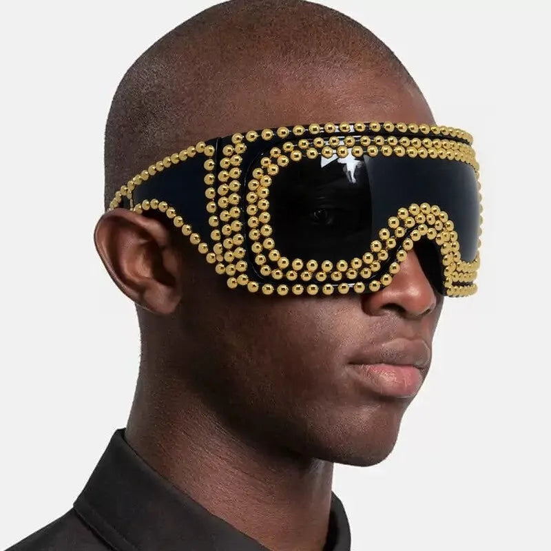 Men's punk style square sunglasses with large rims and rivet detailing in silver colour