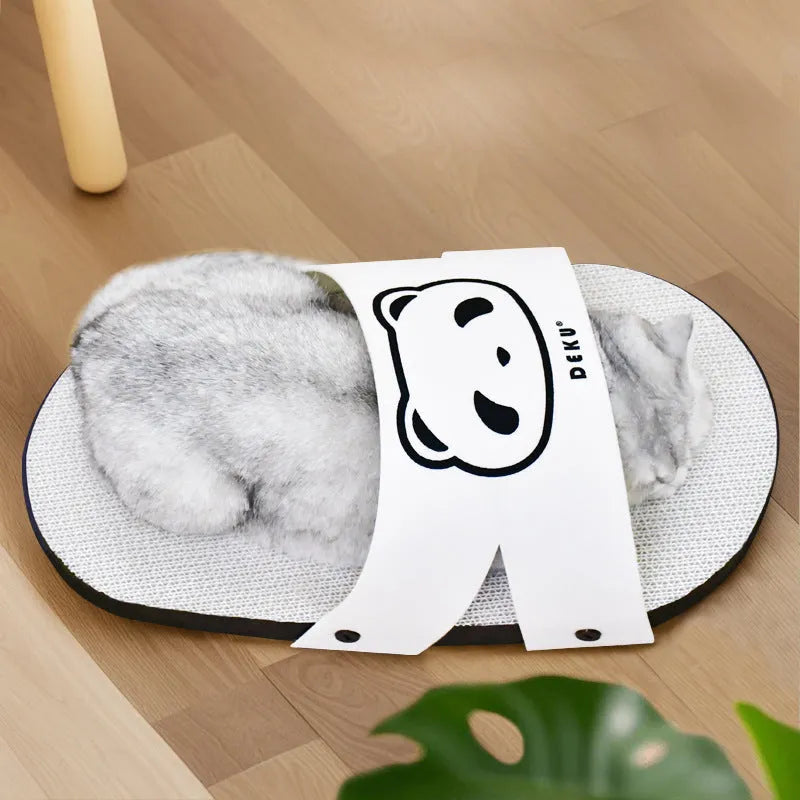 White corrugated paper cat scratch board in a slipper style shape.