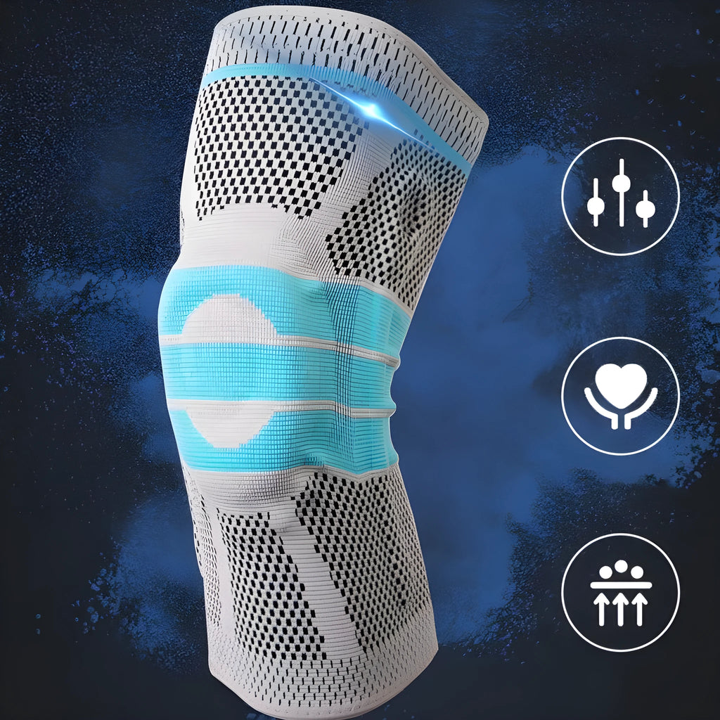 Sky blue silicone running and basketball knee pads showing elastic fibre material on a neutral background.