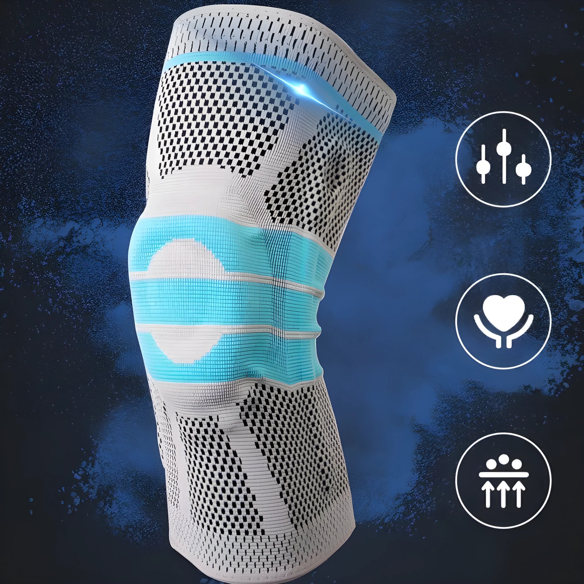 Sky blue silicone running and basketball knee pads showing elastic fibre material on a neutral background.