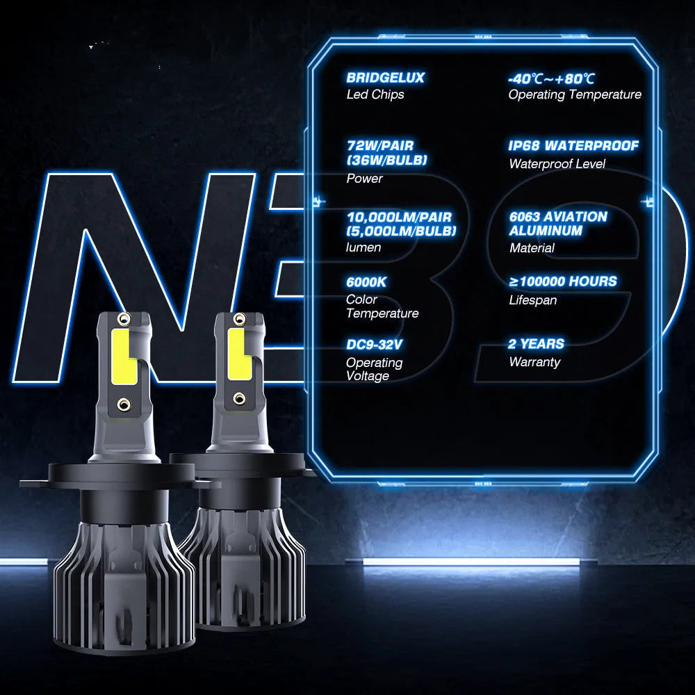 Car LED headlight bulb kit showing 6000K white light, compact design, and adjustable chuck for H7, H11, 9005 fitments.