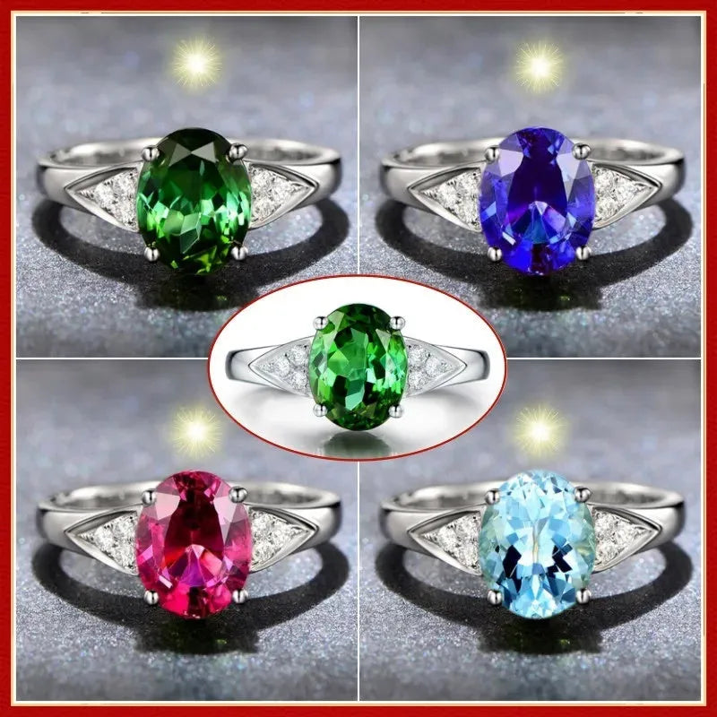 A women's court-style zircon ring showing an inlaid heart, water drop, or bell pattern in blue, green, light blue, or red.
