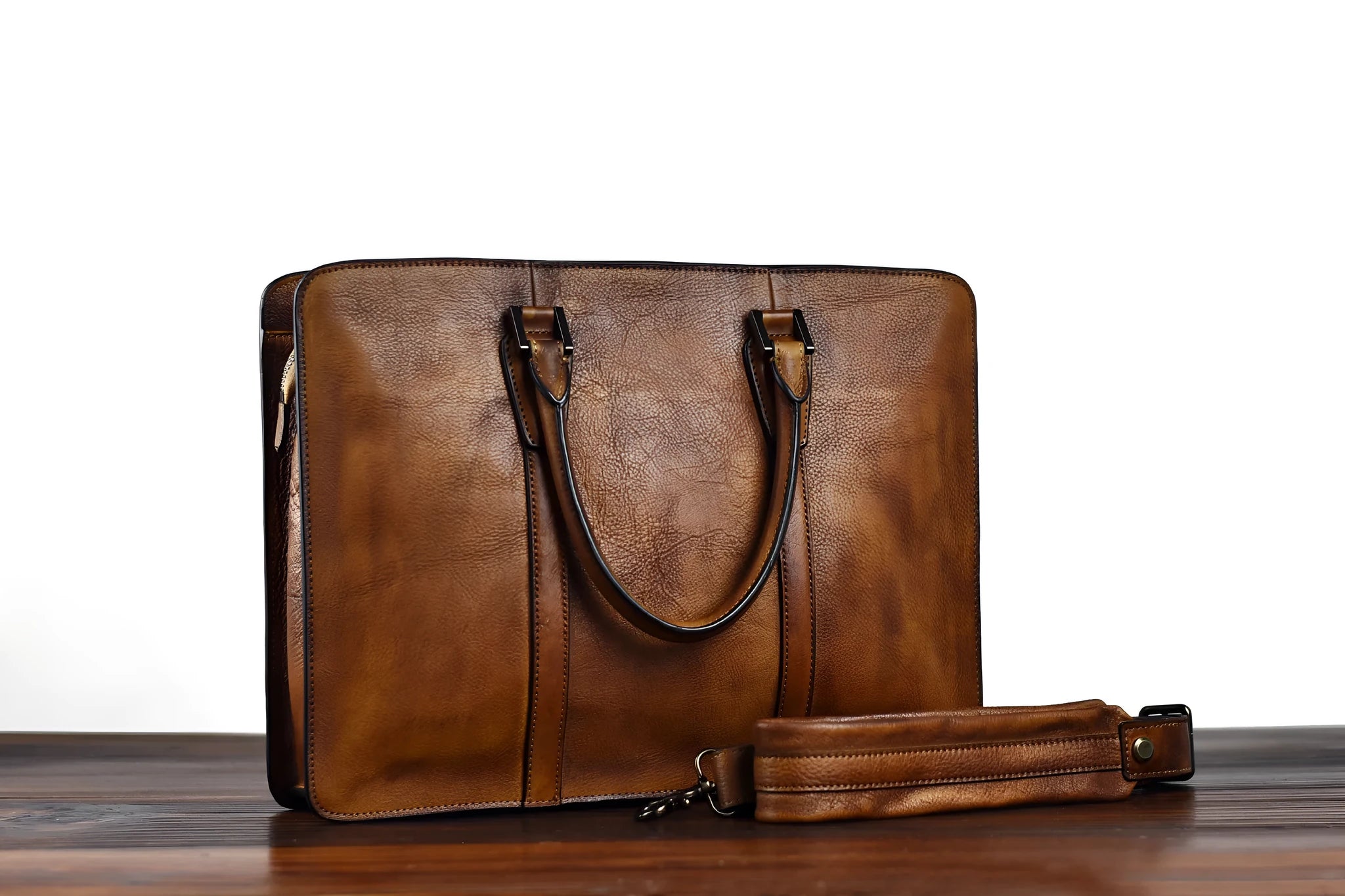 Men's 14-inch vegetable tanned leather handbag in horizontal square business style