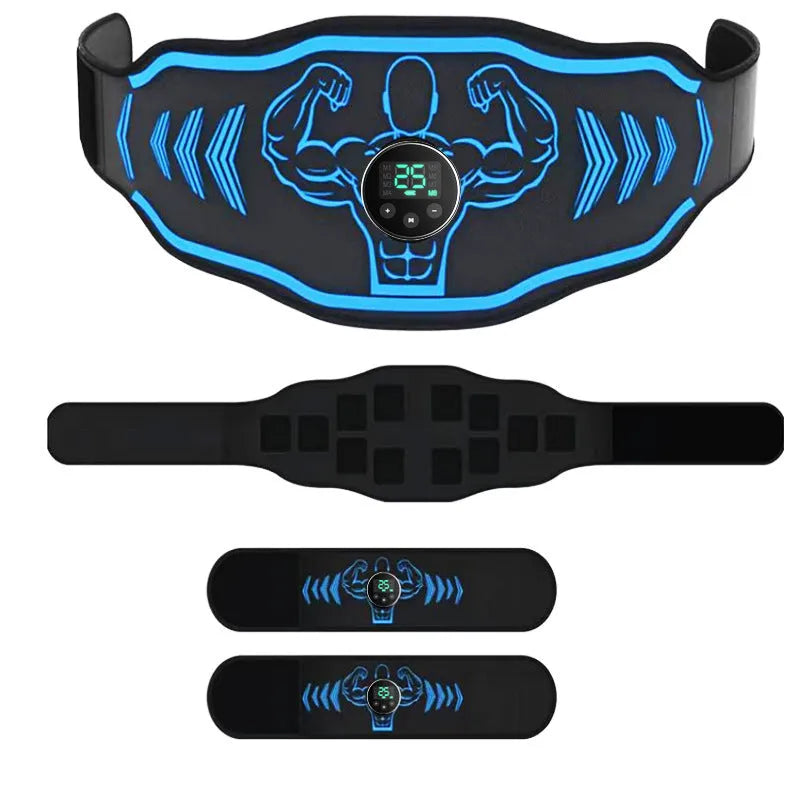 Blue and orange EMS smart massage belts with arm electrode patches and rechargeable host units