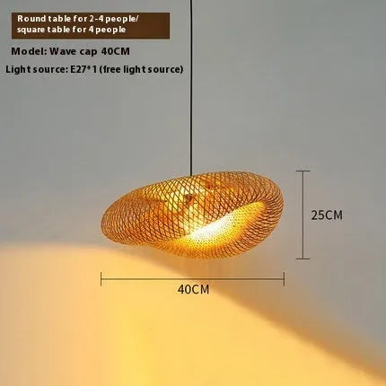 Bamboo hanging lamp with straw hat shape and 60cm diameter, made from natural rattan