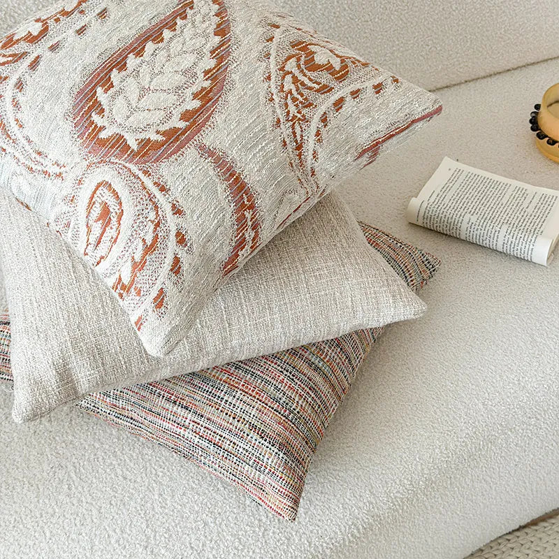 American-style jacquard paisley sofa cushion in amber colour with plant and flower pattern