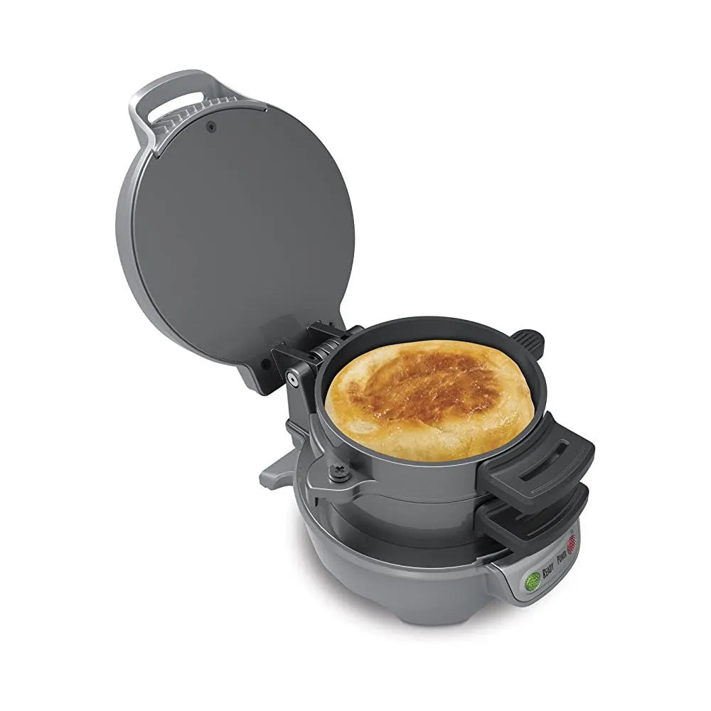 Household breakfast sandwich maker with egg cooker ring in bright red, orange or silver grey colour