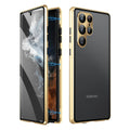 Samsung S24 Ultra phone case with mirror and magnetic metal construction in black, blue, gold, green, purple, red, and silver.