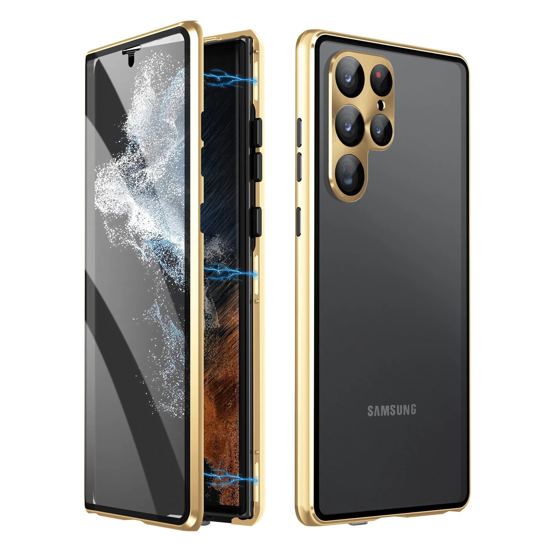 Samsung S24 Ultra phone case with mirror and magnetic metal construction in black, blue, gold, green, purple, red, and silver.