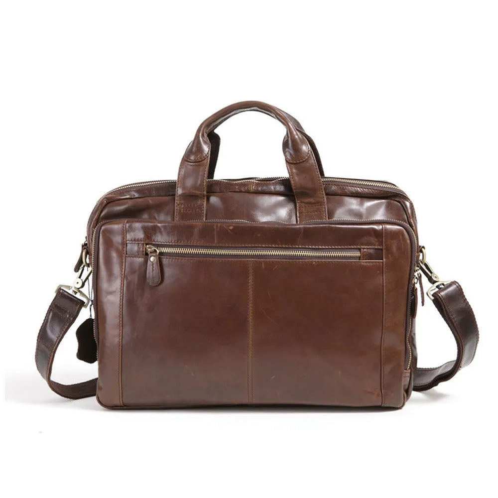 Brown first layer cowhide leather business briefcase with 18-inch laptop compartment