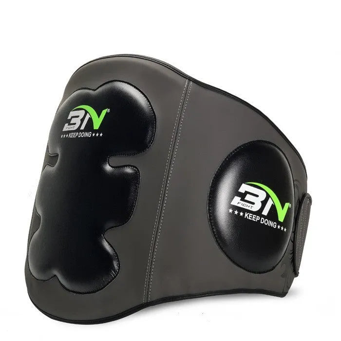 Thickened dark grey Sanda boxing waist protector shown from the front.
