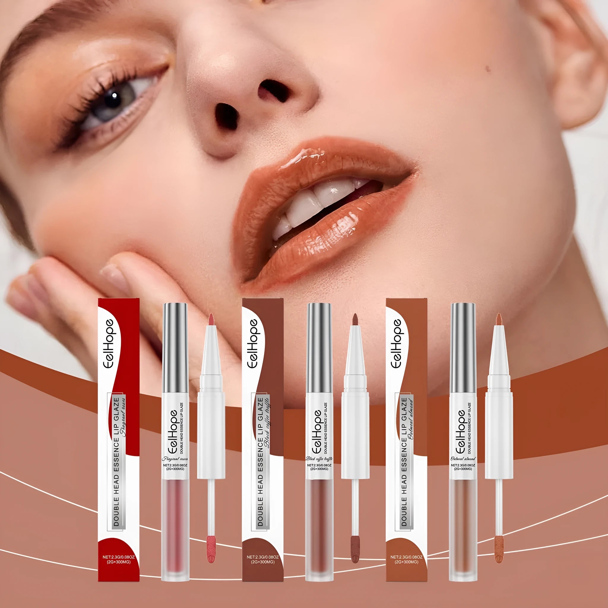 Double-headed lip liner and lip lacquer pen lipstick product.