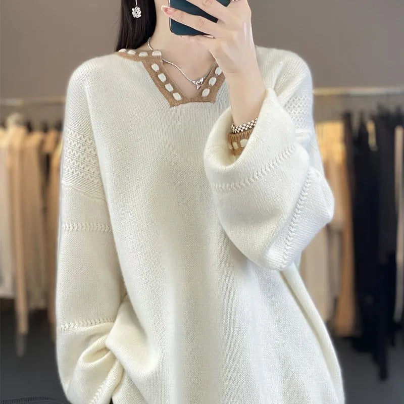 Women's V-neck pullover sweater in camel and white colours with regular long sleeves