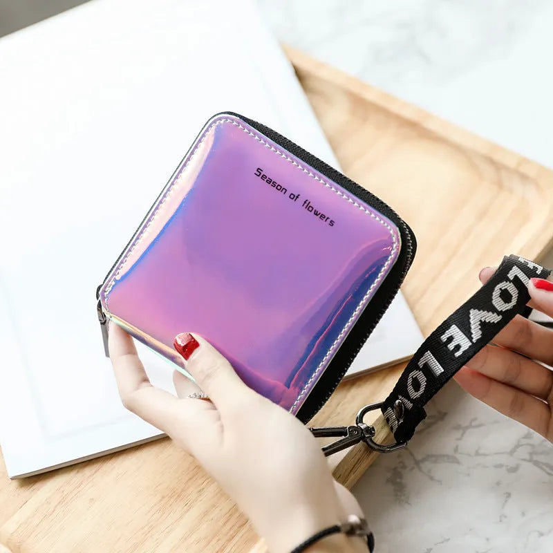 Women's compact 11cm square folding wallet in Korean style with glitter or solid colour options