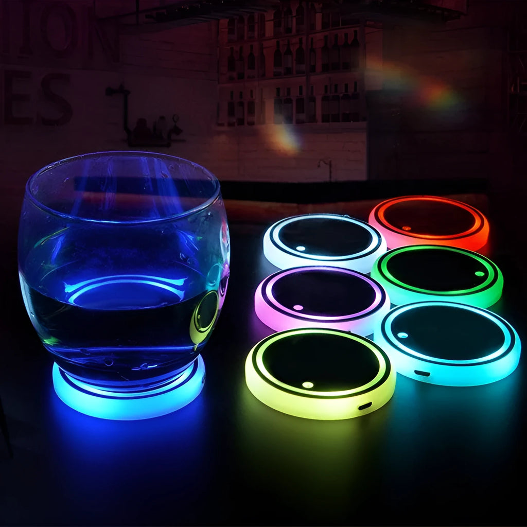 LED light-up car coaster showing seven colour options in automotive cup holder