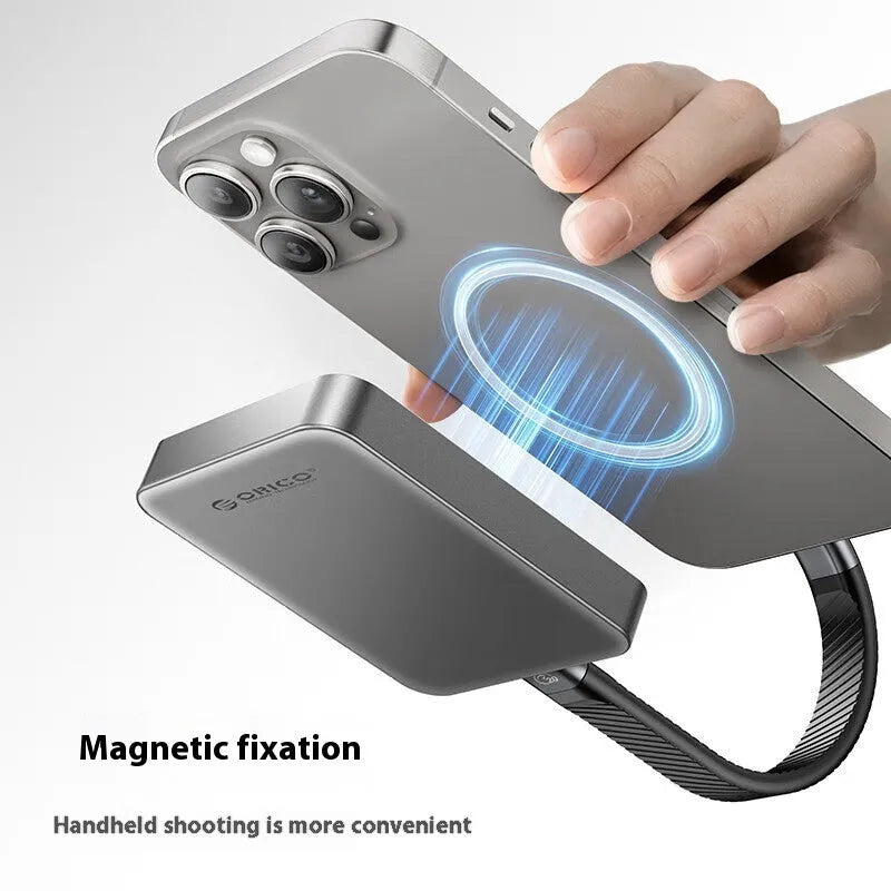 Grey magnetic mobile SSD portable hard drive with ultra-thin design and magnetic suction ring
