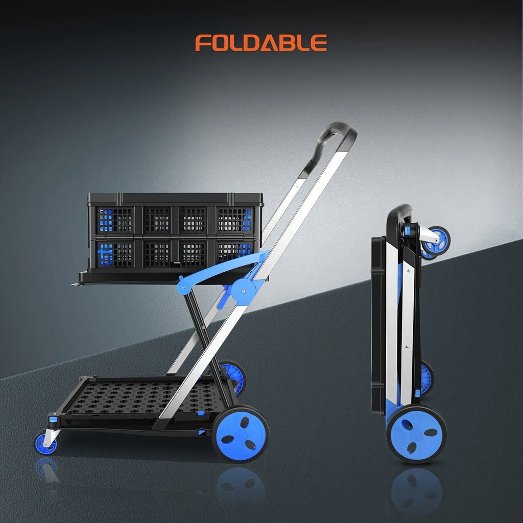 Blue foldable shopping cart with two plastic baskets, shown in an unfolded upright position.