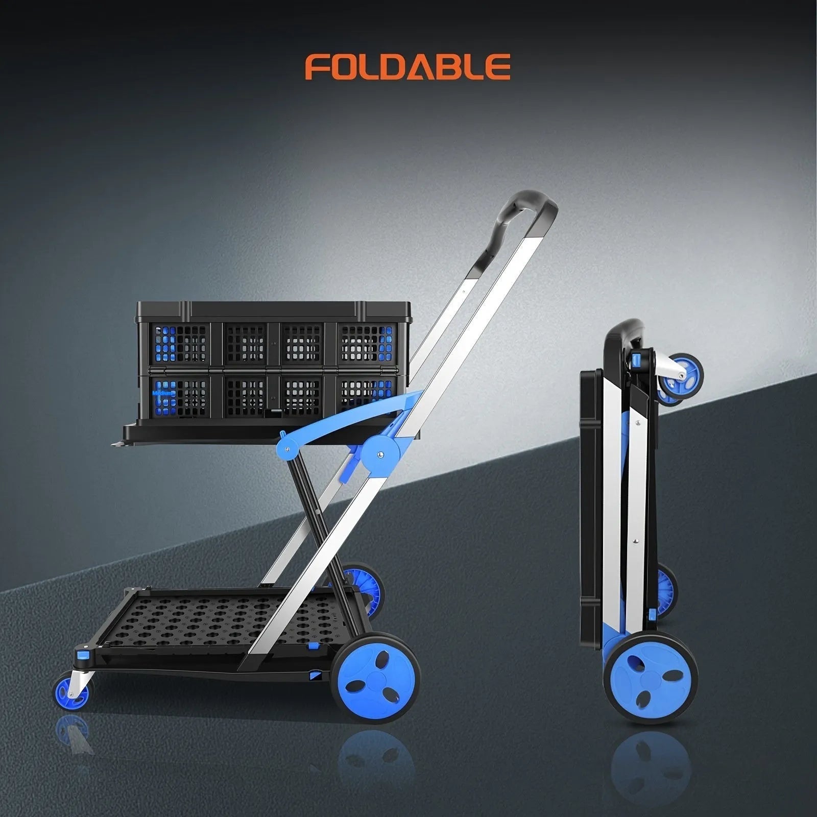 Blue foldable shopping cart with two plastic baskets, shown in an unfolded upright position.