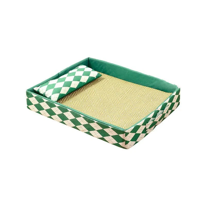 Blue rattan woven cat bed mat shown in a large size, placed on a wooden floor.