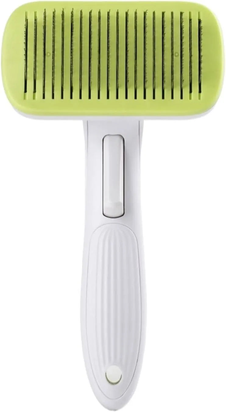 Automatic pet hair removal comb for dogs and cats in blue, grey, green, or pink colour options