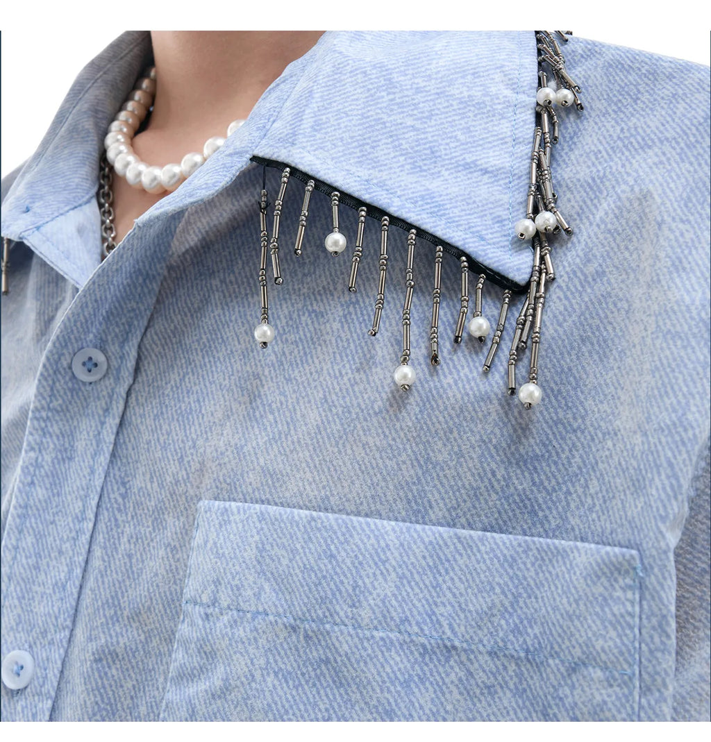 Men's blue and white gradient loose fit shirt with quilted detailing and short sleeves