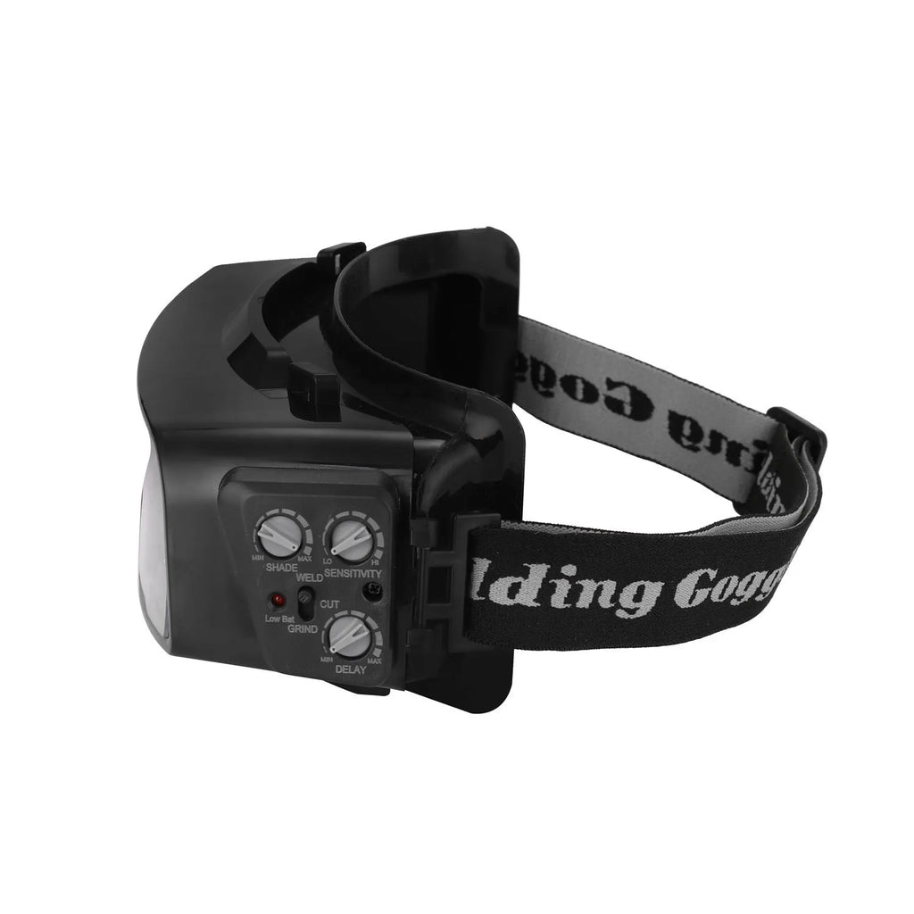 Black automatic darkening welding mask goggles with a wide rectangular lens.