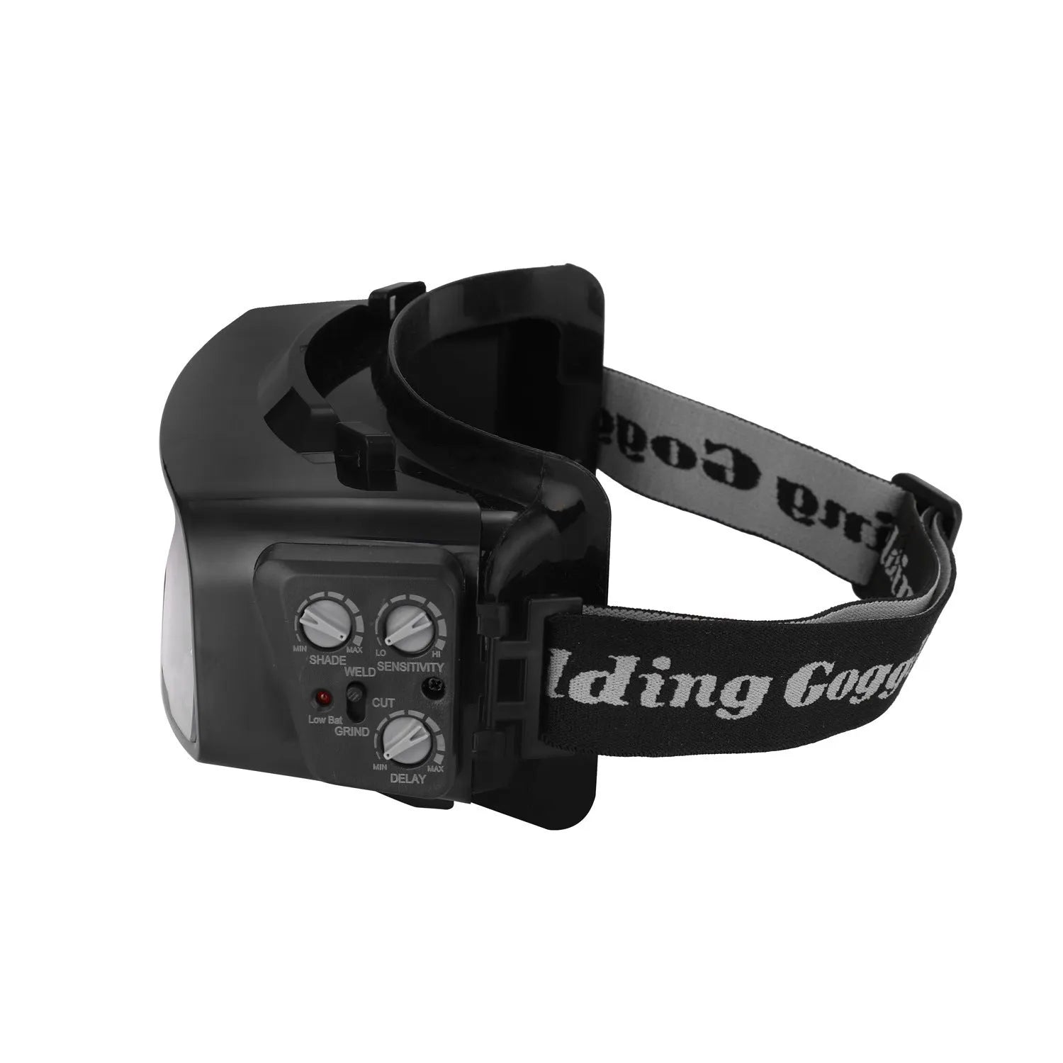 Black automatic darkening welding mask goggles with a wide rectangular lens.
