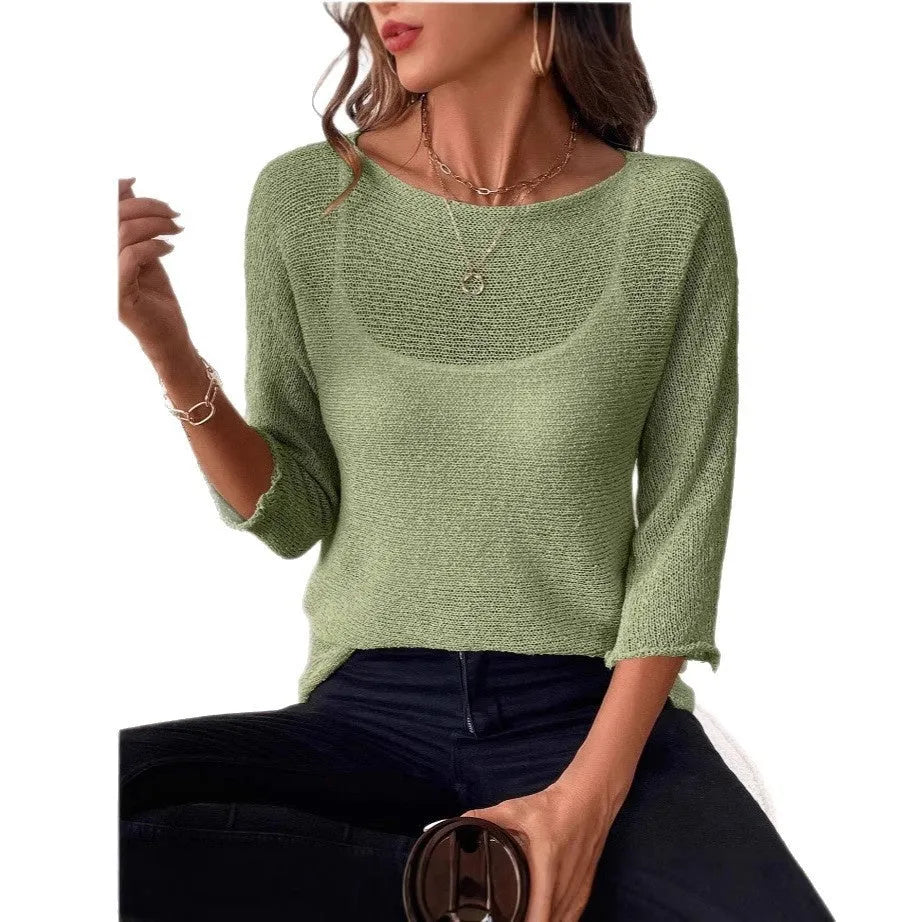 Women's off-shoulder knitted overall in thin polyester fabric with 3/4 sleeves and 3D pattern