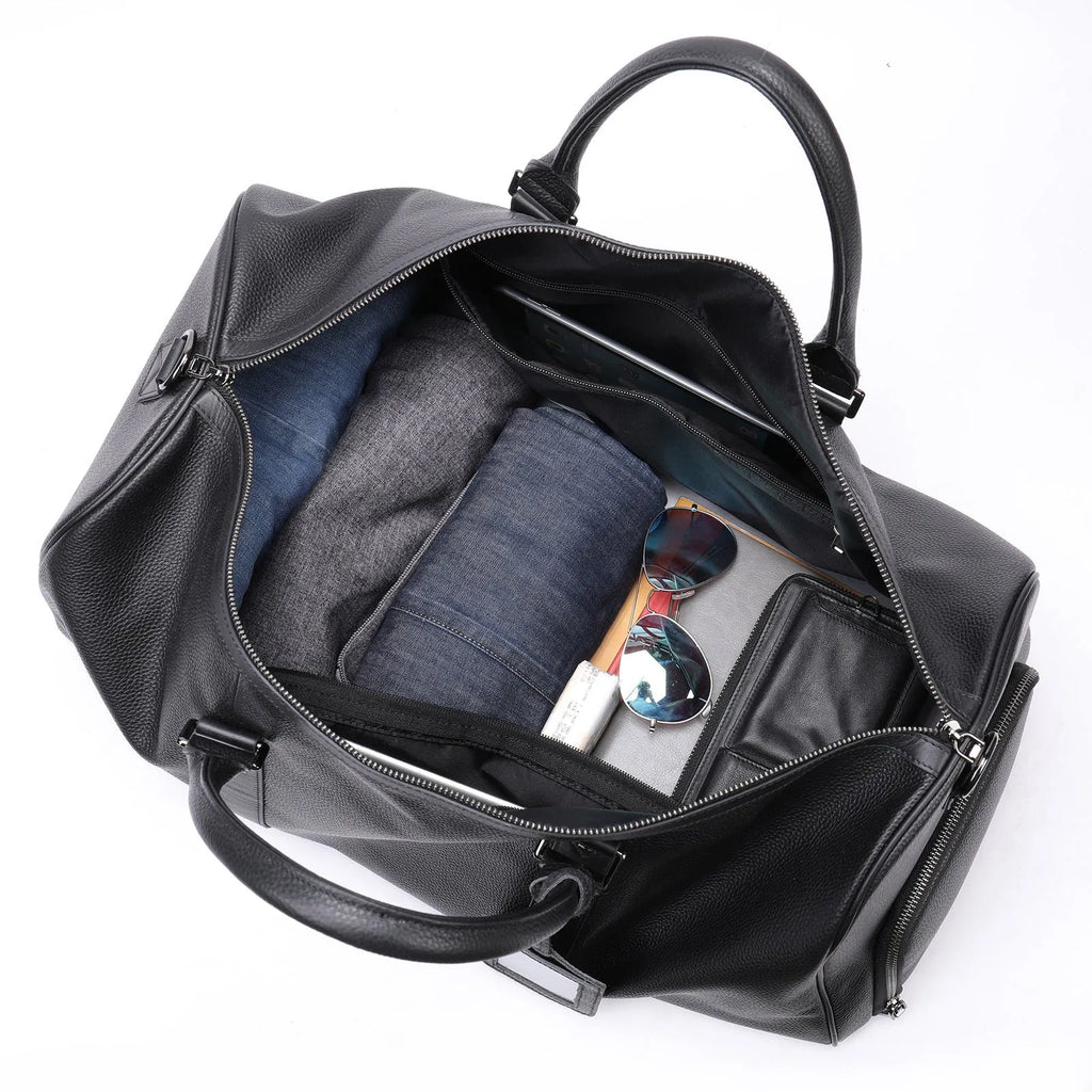 Men's black leather tote bag with single shoulder strap shown next to coffee colour option