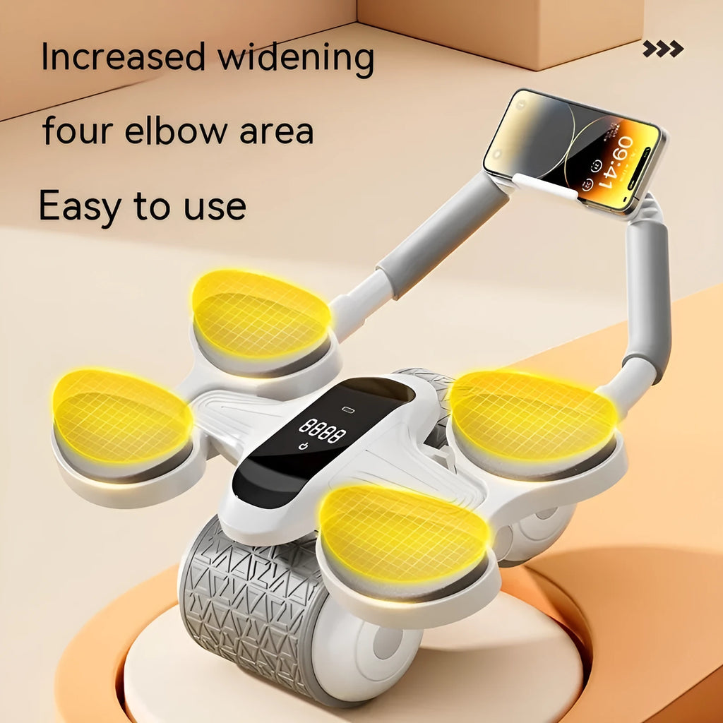 White belly contracting and rolling fitness equipment with LED timing and calorie counting screen