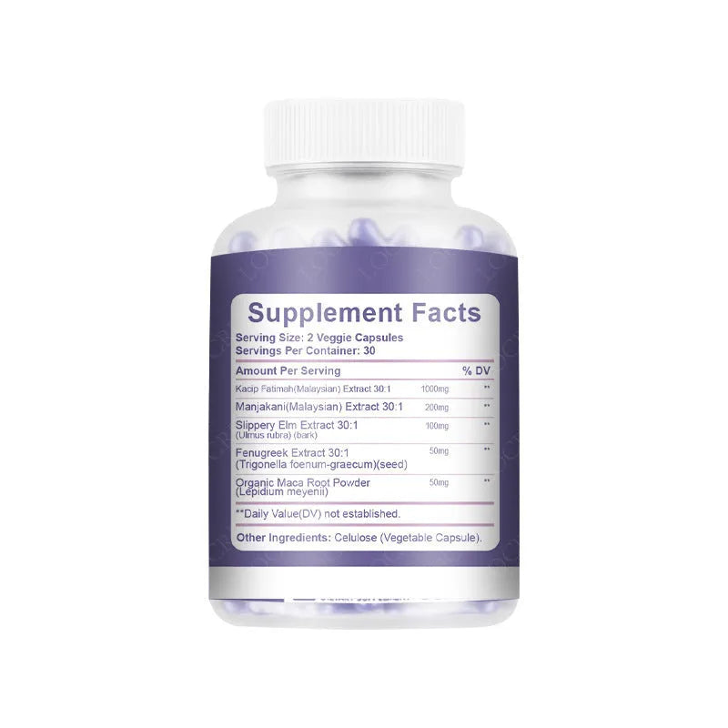 Bottle containing 60 vaginal supplement capsules for adult women's intimate health