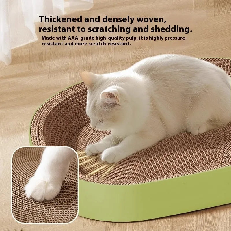 Green or purple oval corrugated paper cat scratch board and nest measuring 55cm in diameter