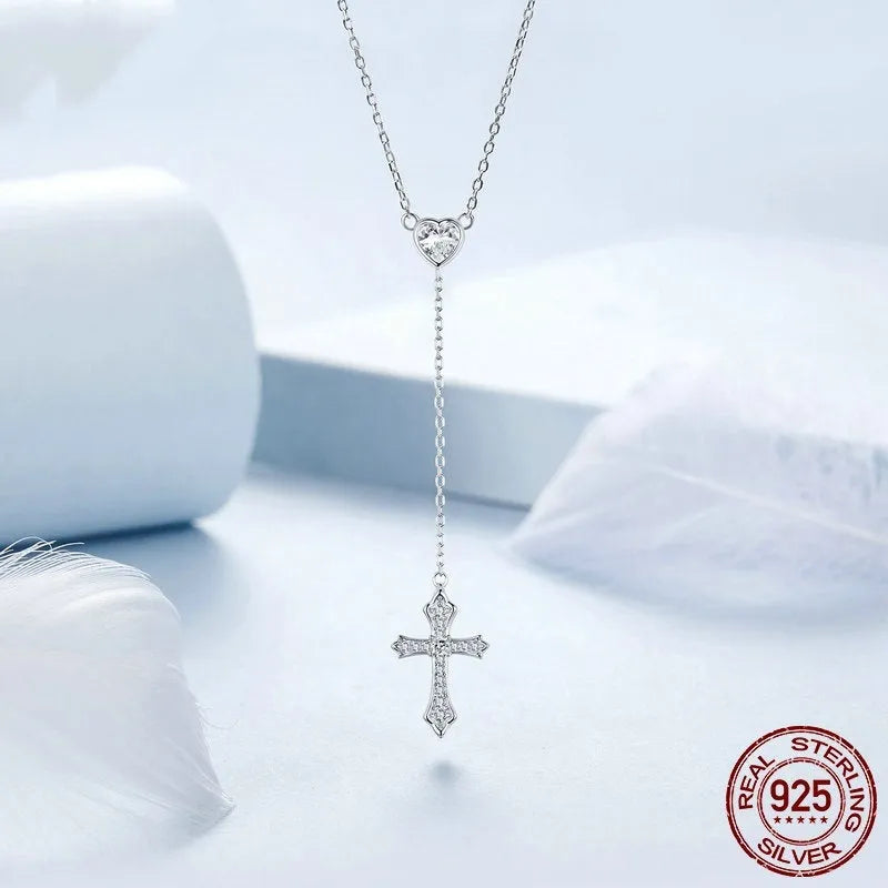 Simple V-neck love cross pendant necklace in 925 silver with O-ring chain, colour BSN384