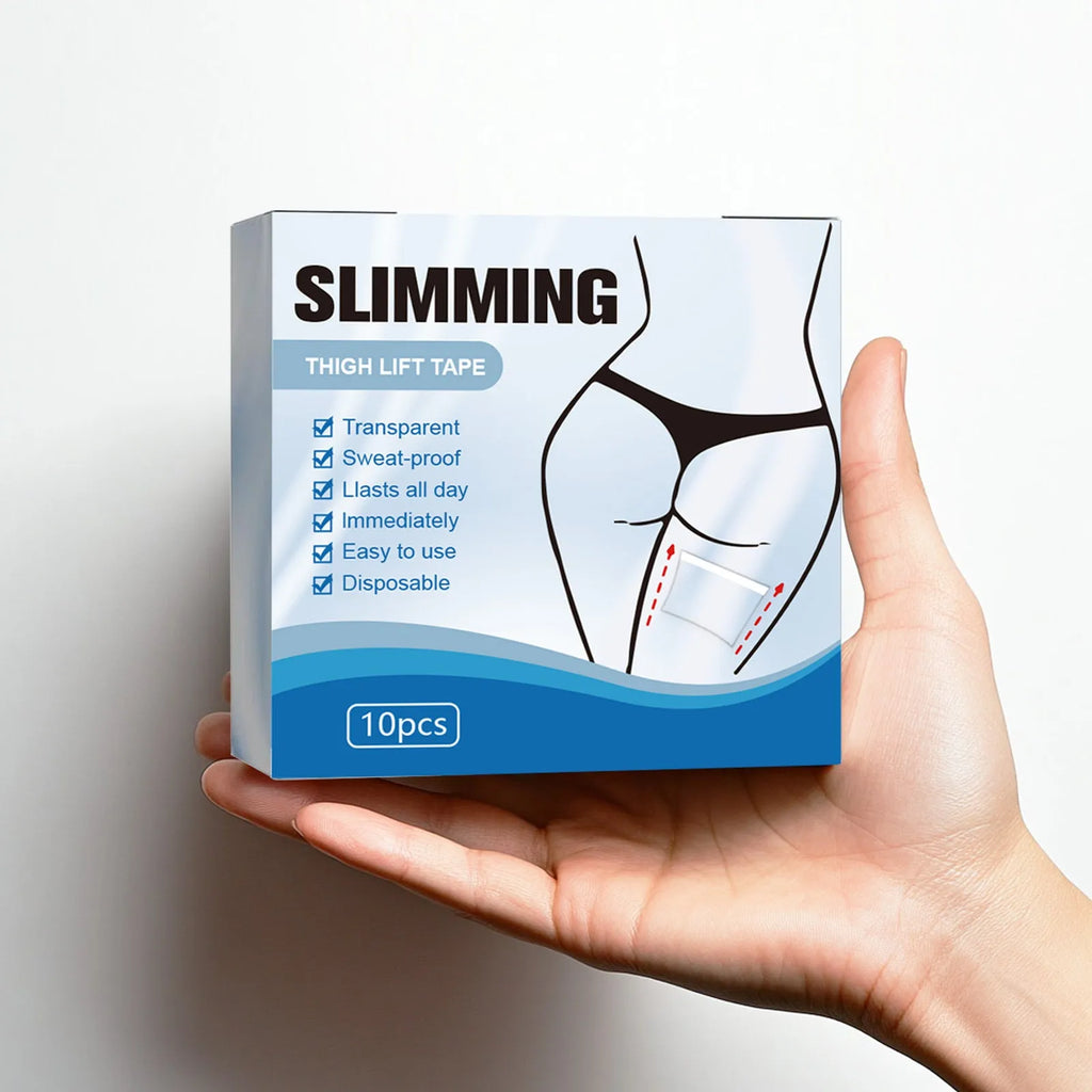Box of 10 white body slimming adhesive patches for stomach tightening on a blue background.