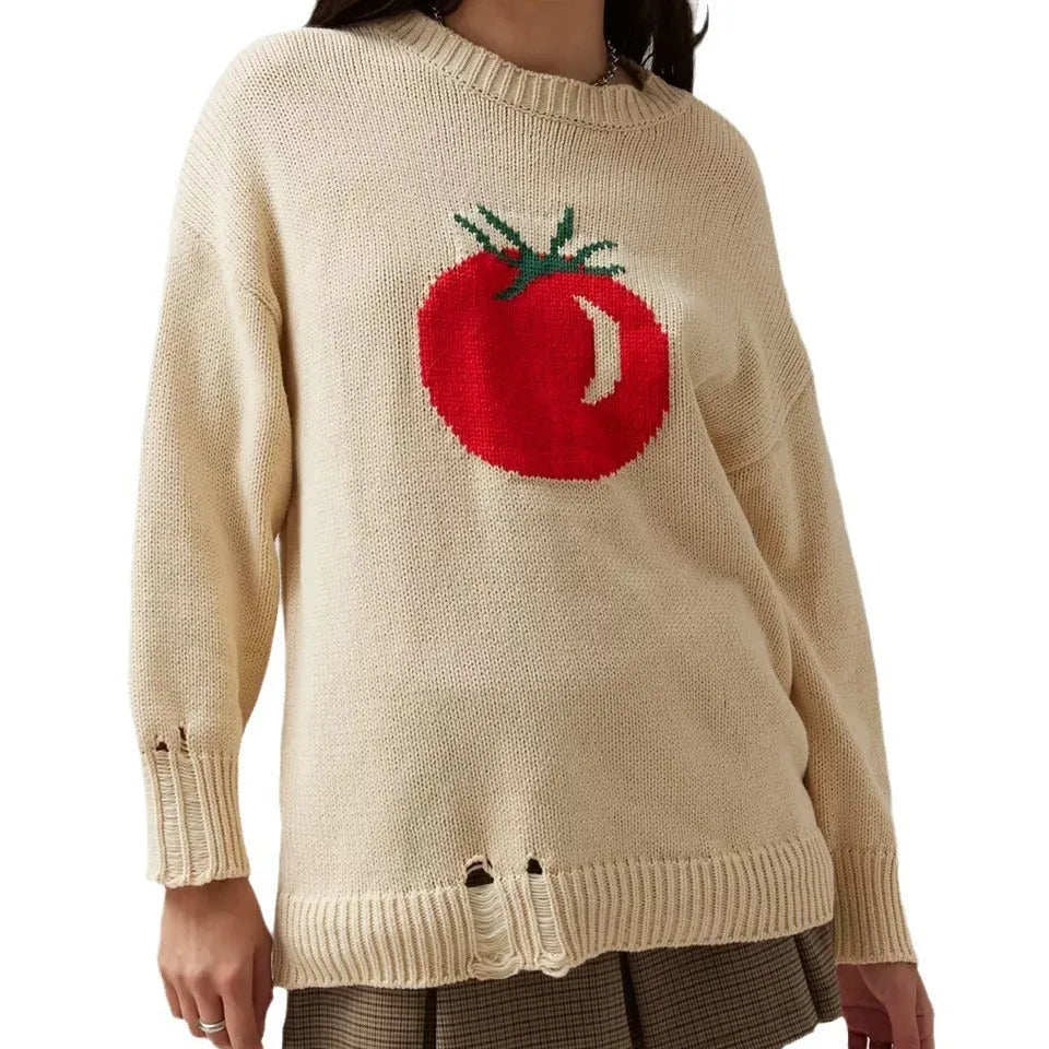 Women's milky white acrylic Jacquard pullover sweater with round neck and long sleeves on a hanger.