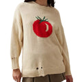 Women's milky white acrylic Jacquard pullover sweater with round neck and long sleeves on a hanger.