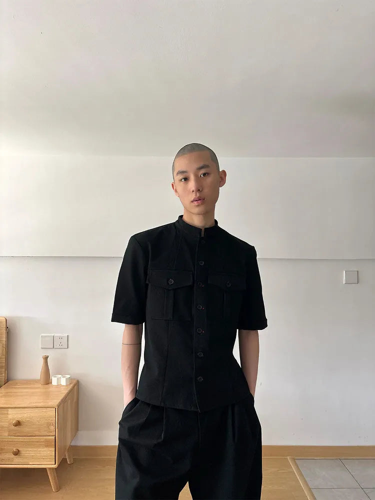 Handmade black Red Eye hunting half sleeve shirt with a loose fit and shirt collar.