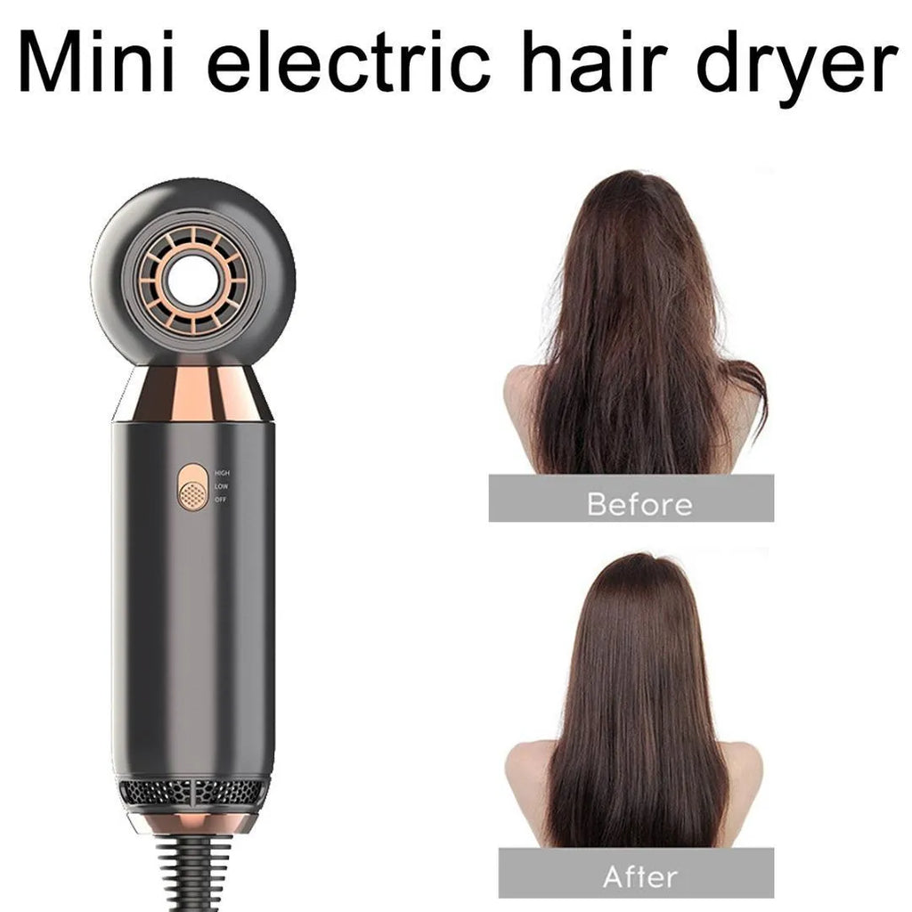 Compact white hair dryer with concentrator attachment showing 800W power rating and ionic technology