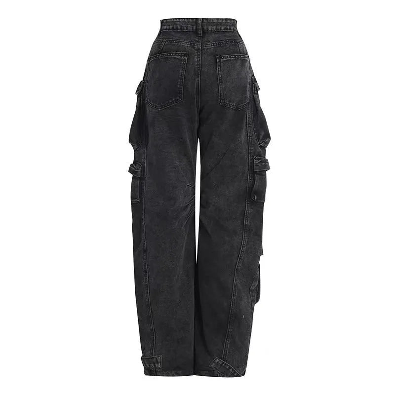 Blue and black tie-dyed women's high-waist wide-leg jeans with multiple pockets.