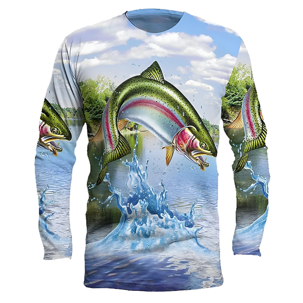 Men's grey long sleeve pullover top with an all-over colourful fish print design, round neck.