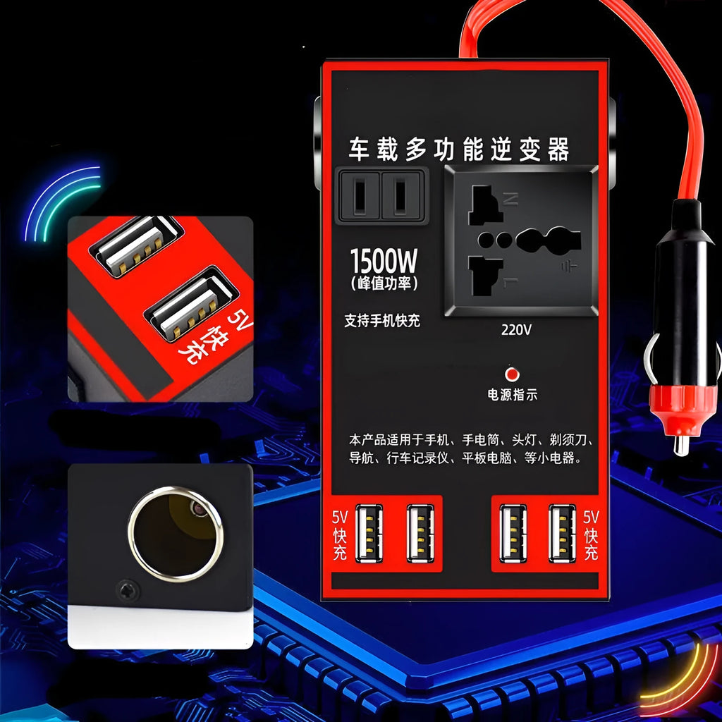 Black automotive power converter converting 12V/24V vehicle power to 220V AC with USB charging