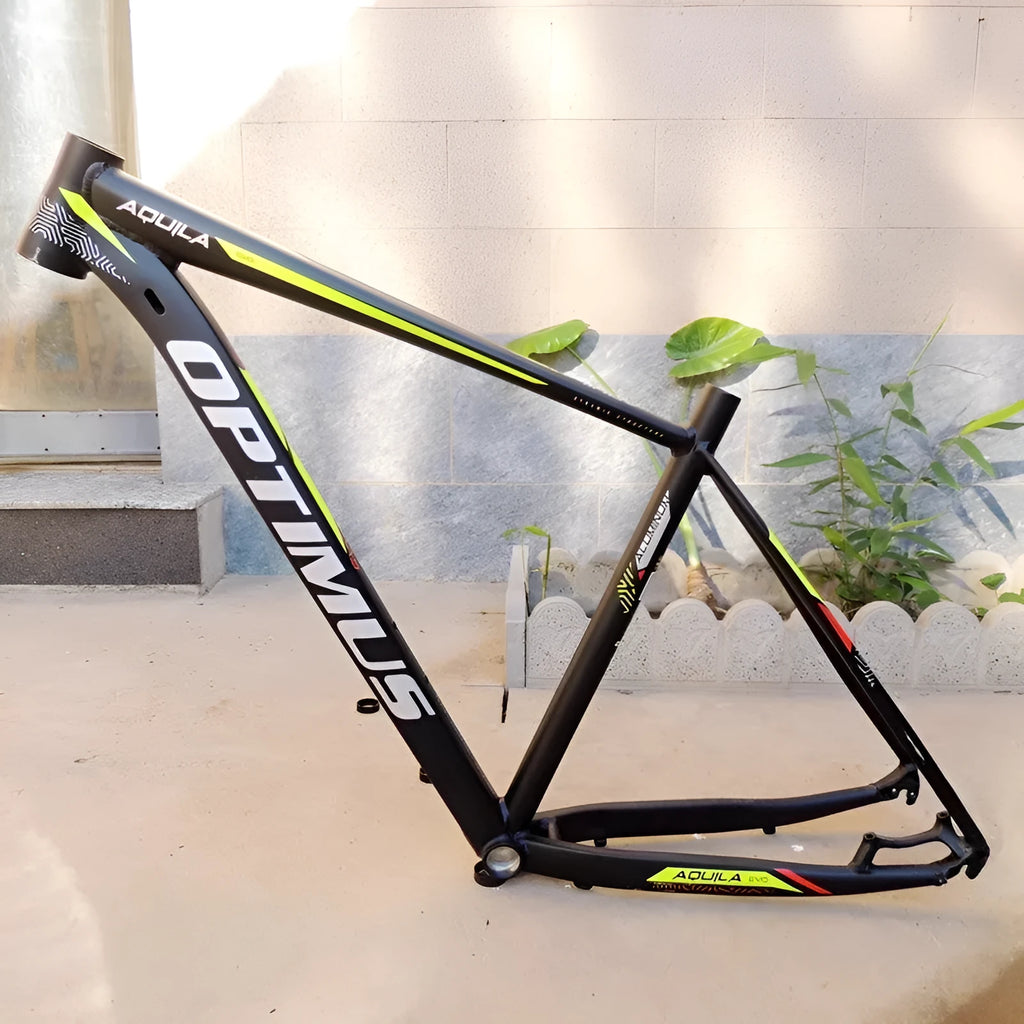 Black green aluminium mountain bike frame with internal cable routing for 29-inch wheels