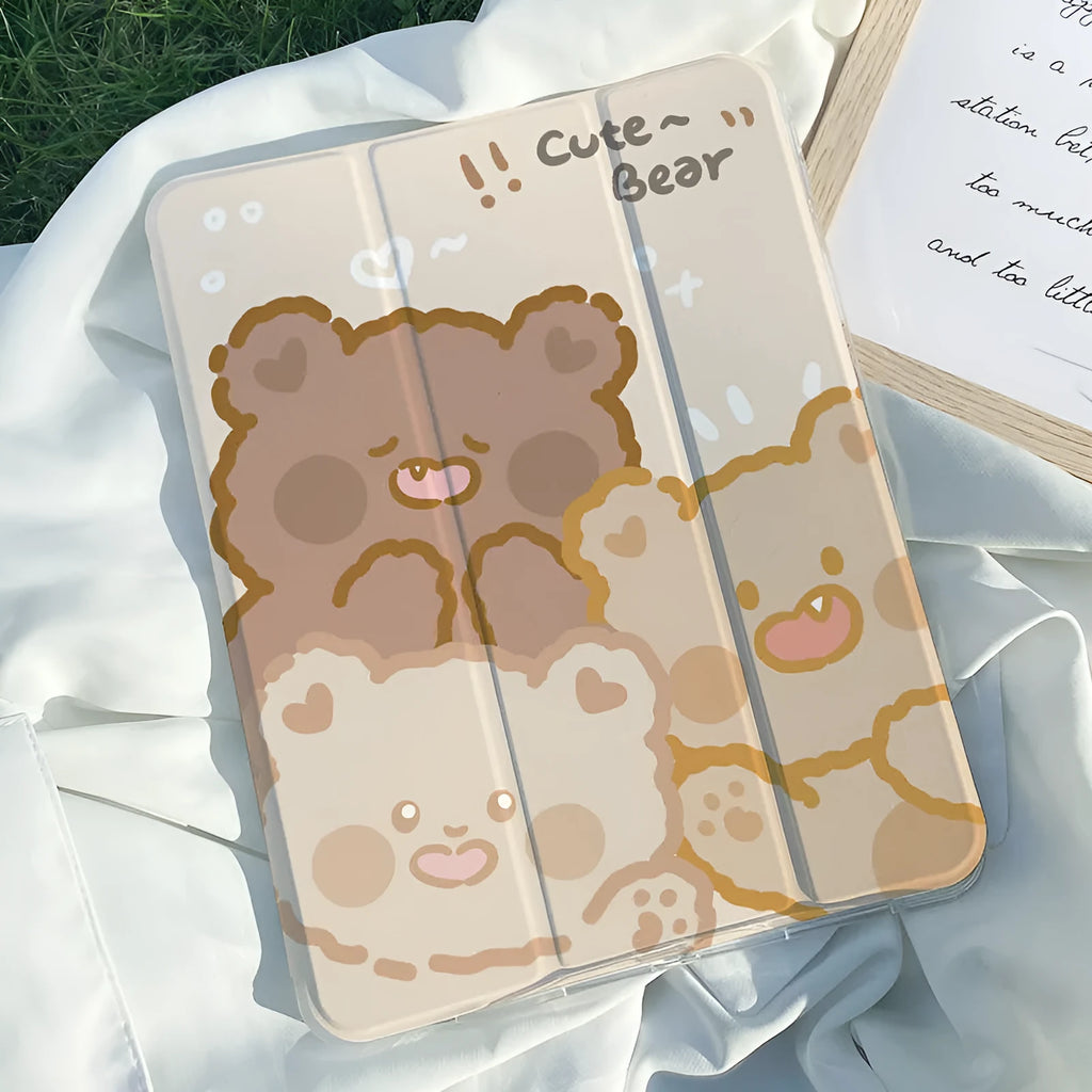 Silicone tri-fold protective case for iPad in a cartoon rabbit design, showing the stand function.