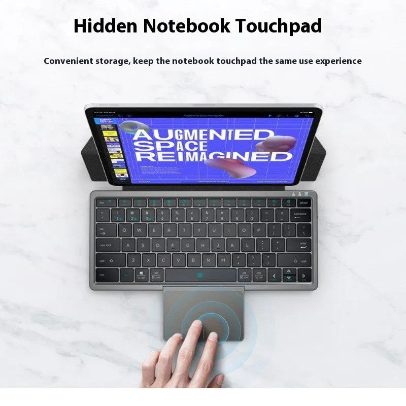 Three-in-one wireless Bluetooth keyboard with touch pad inside a leather sheath stand, shown next to a tablet.
