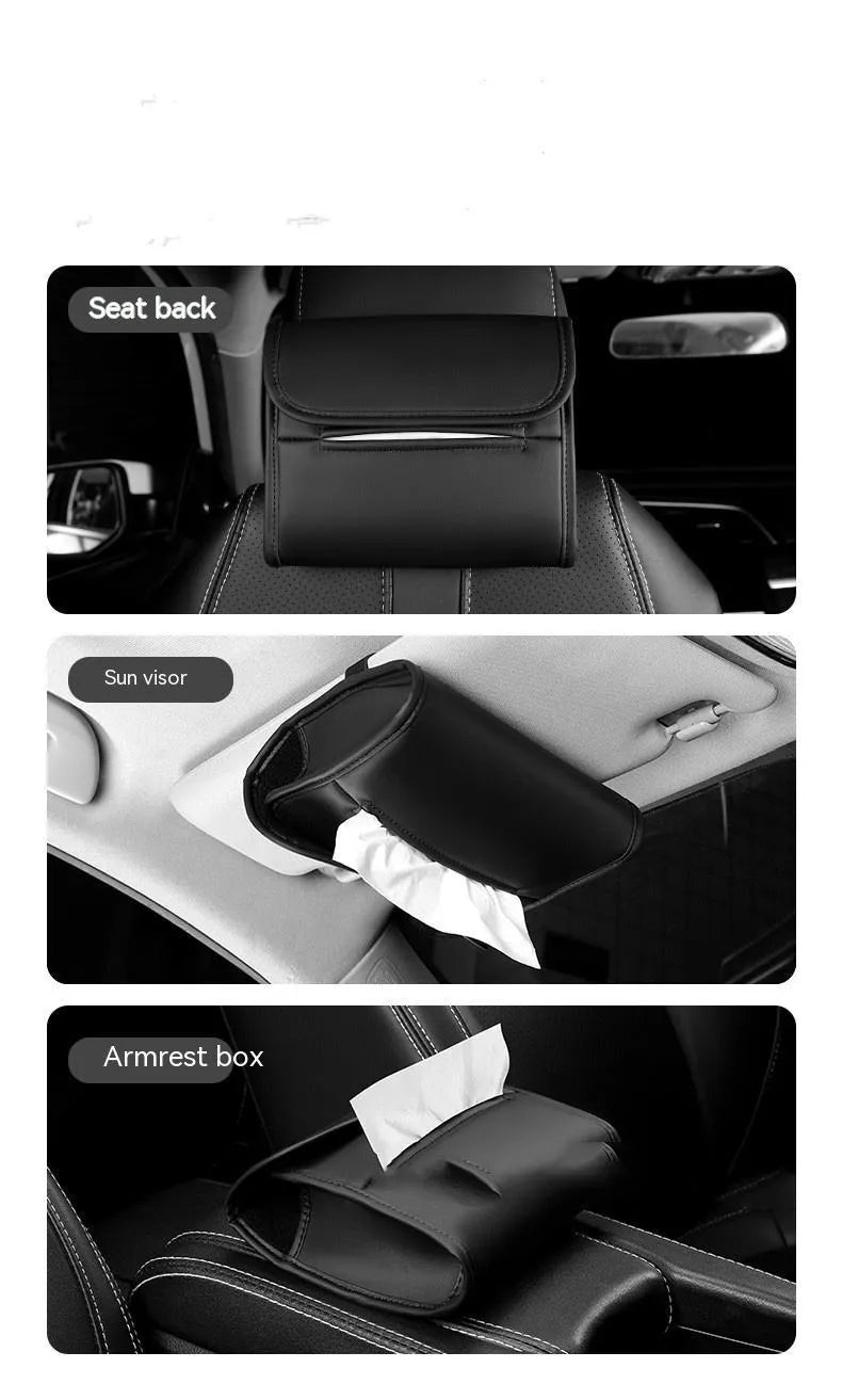 Leather car tissue box with elastic band mounting for sun visor or chair back attachment