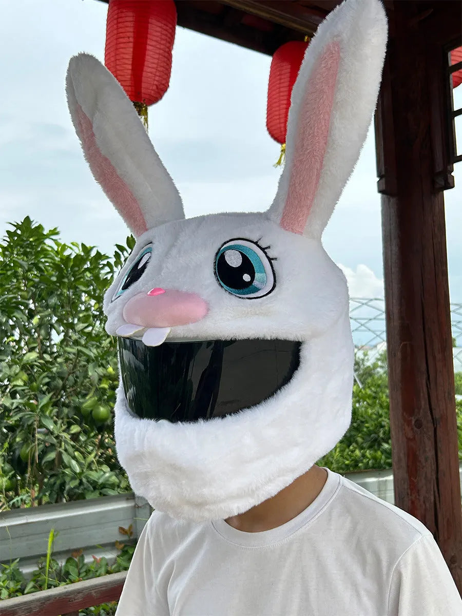 White rabbit head decorative cover for electric motorcycle helmet with plush lining
