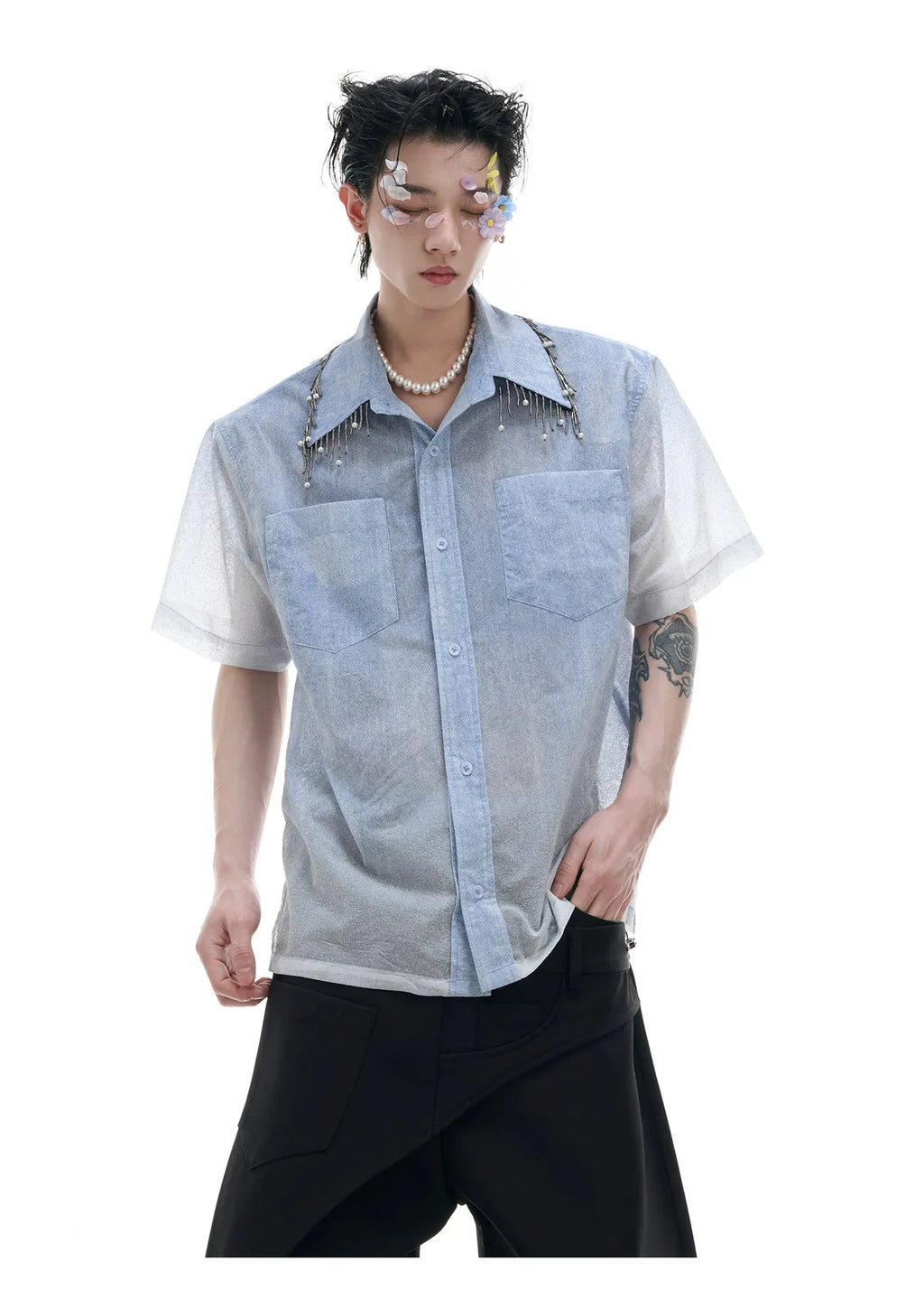 Men's blue and white gradient loose fit shirt with quilted detailing and short sleeves